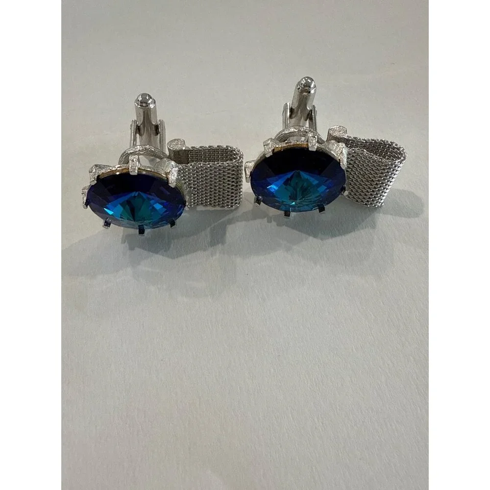 Vintage mesh cufflinks, Blue Black Rivoli Glass stones 2 pair